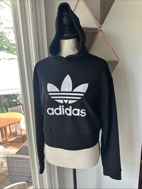 ADIDAS Teen Girl Youth Sweater Cropped Sweatshirt Hoodie Black White Logo Size L